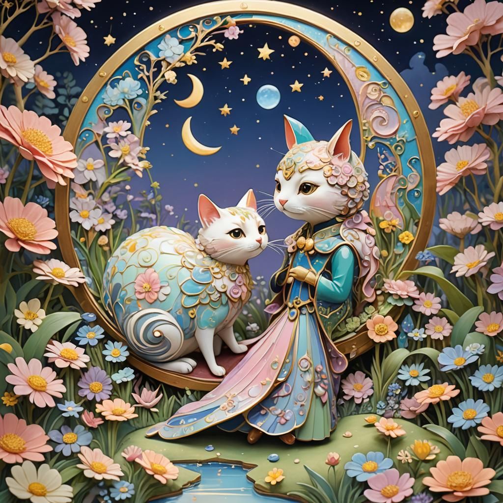 Dreamlike Illustration of Dancing Figures under Pastel Moon