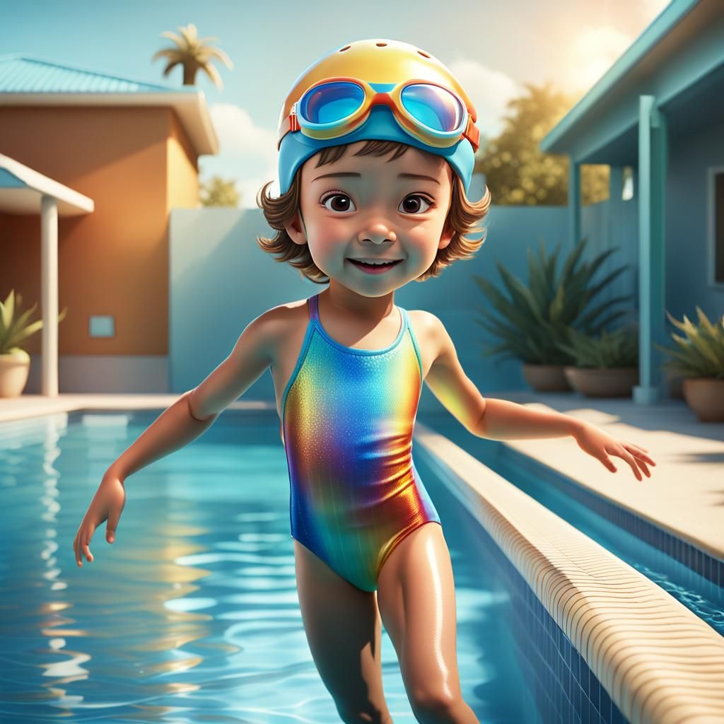 Energetic Child Swimmer in Pixar-Style 3D Art