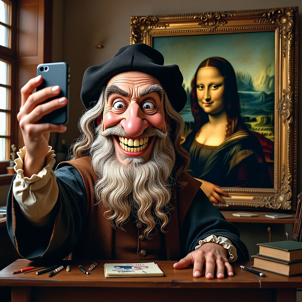 Humorous Da Vinci Selfie in Renaissance Studio