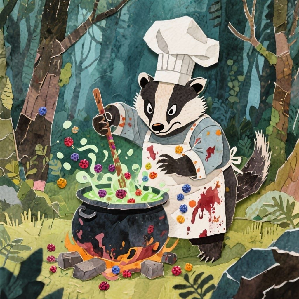 Grumpy Badger Chef in Mystical Forest Clearing