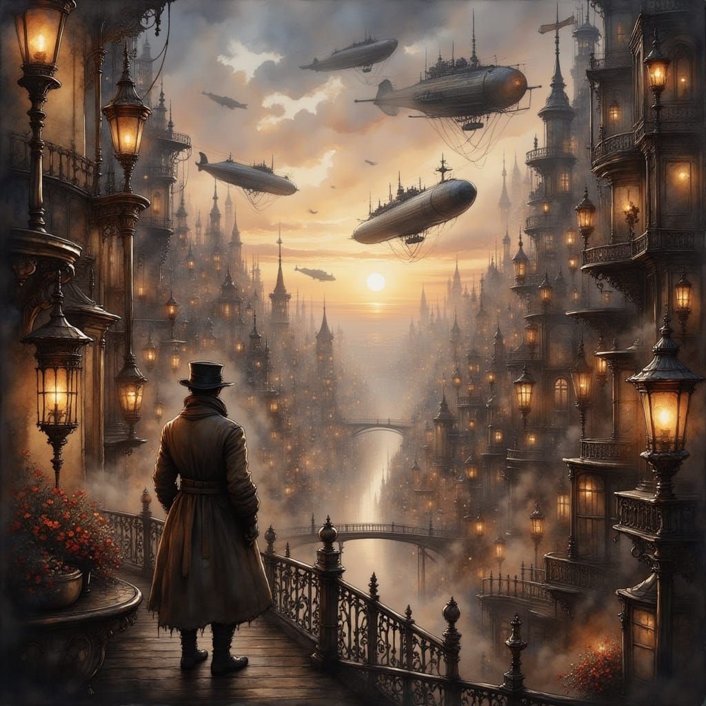 Steampunk Cityscape at Twilight