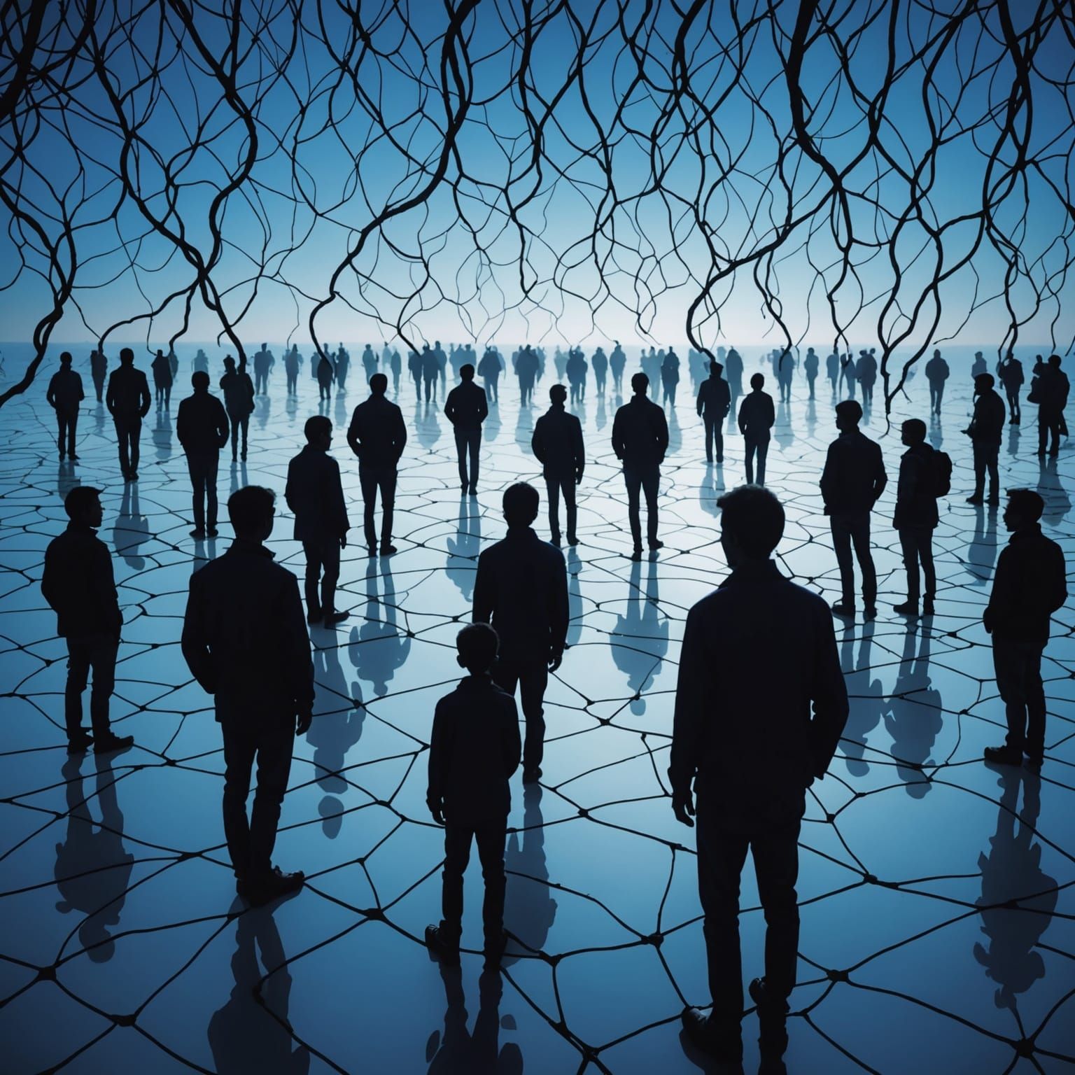 Abstract Blue Silhouettes in a Peaceful Network