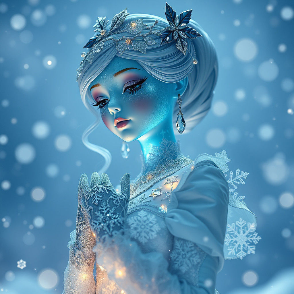Icy Porcelain Doll in a Winter Landscape
