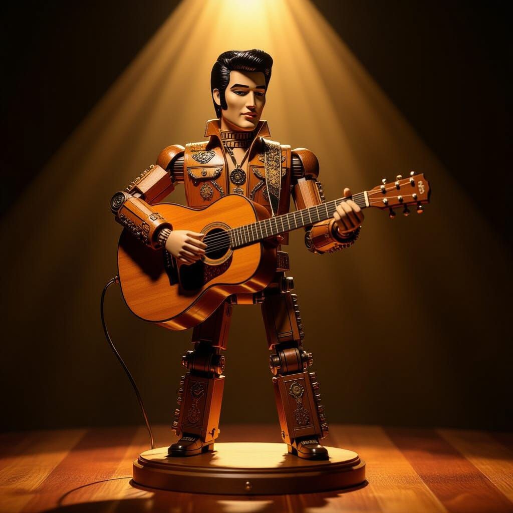 Wooden Elvis Automaton Playing Guitar