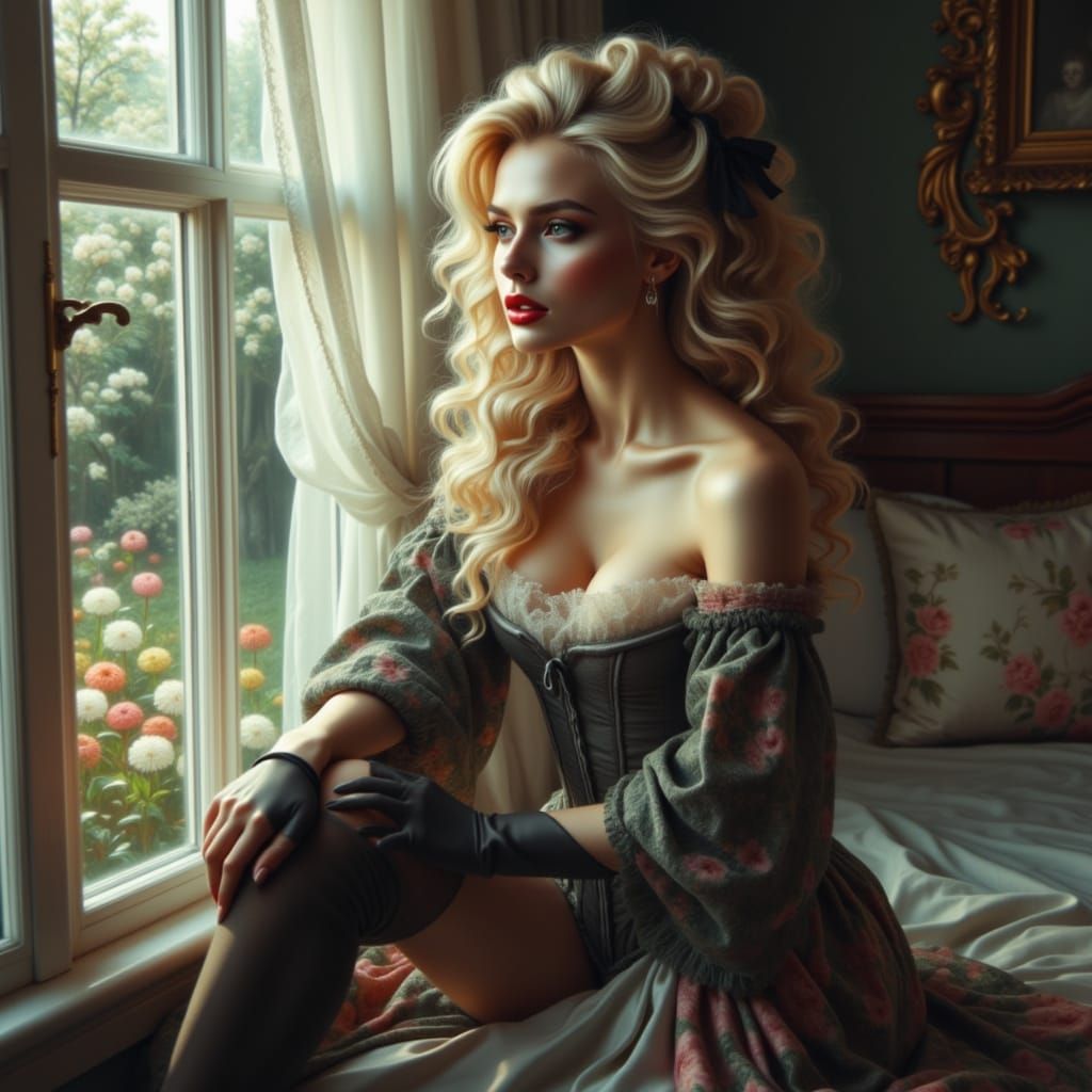 Blond Woman in Lingerie with Atmospheric Lighting
