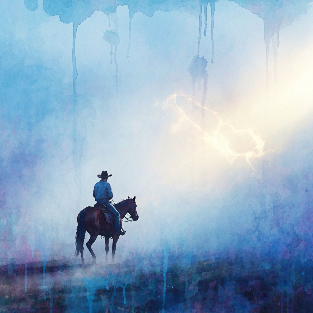 Cowboy Riding Horse Through Ethereal Fog in Watercolor Style