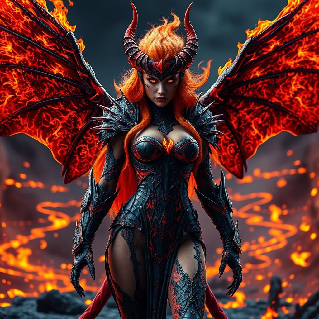 Hyperrealistic Fire Demon Woman in Volcanic Landscape