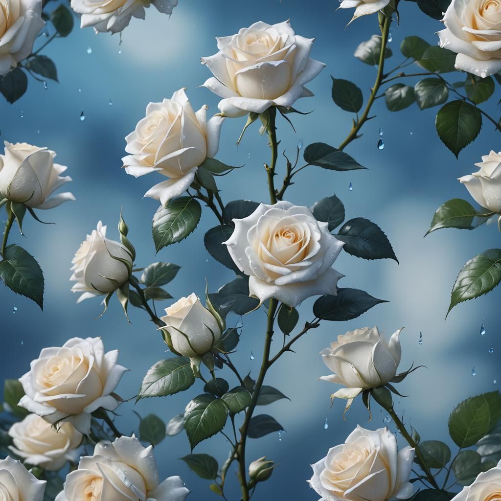 White Roses with Dew Drops in Detailed Matte Painting