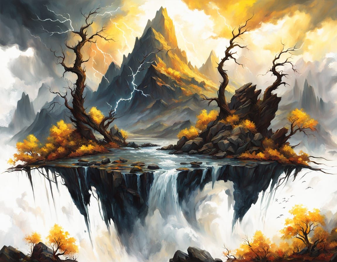 Epic Fantasy Landscape Oil Painting With Dramatic Storm