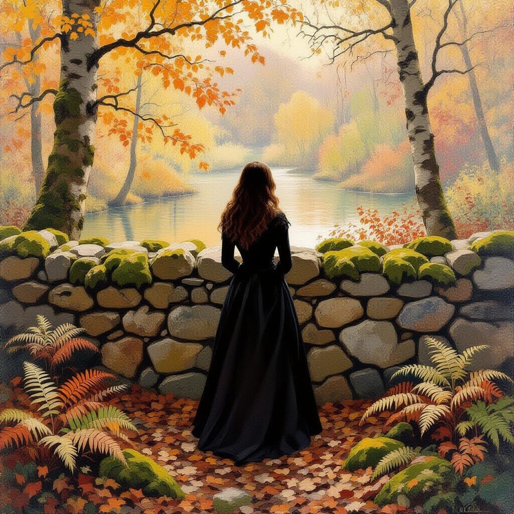 Woman in Autumn Forest, Impressionist Style