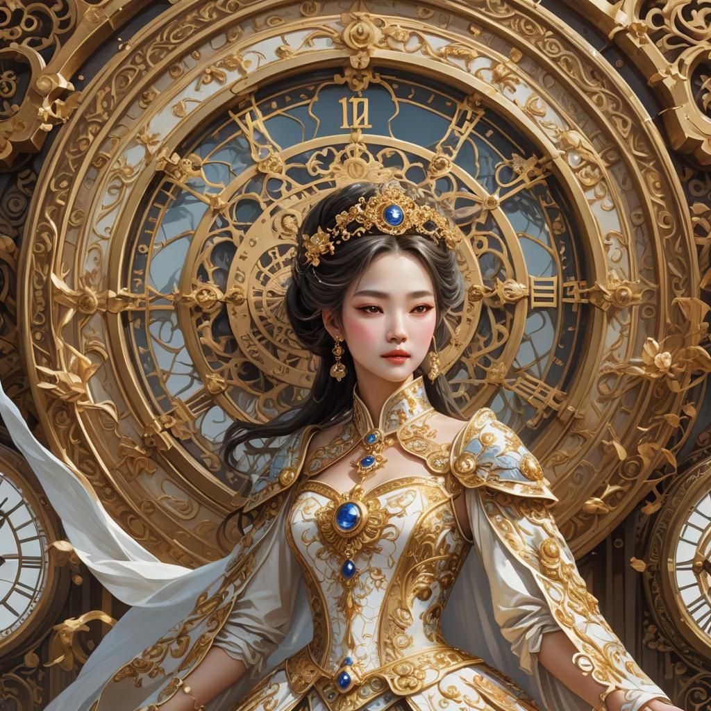 Fantasy Empress in Gold and White Dress, 3D Anime Art