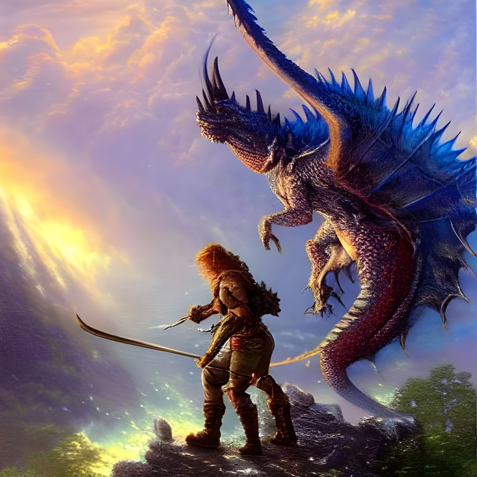 Adventurer Slaying Dragon in Ethereal Fantasy Landscape