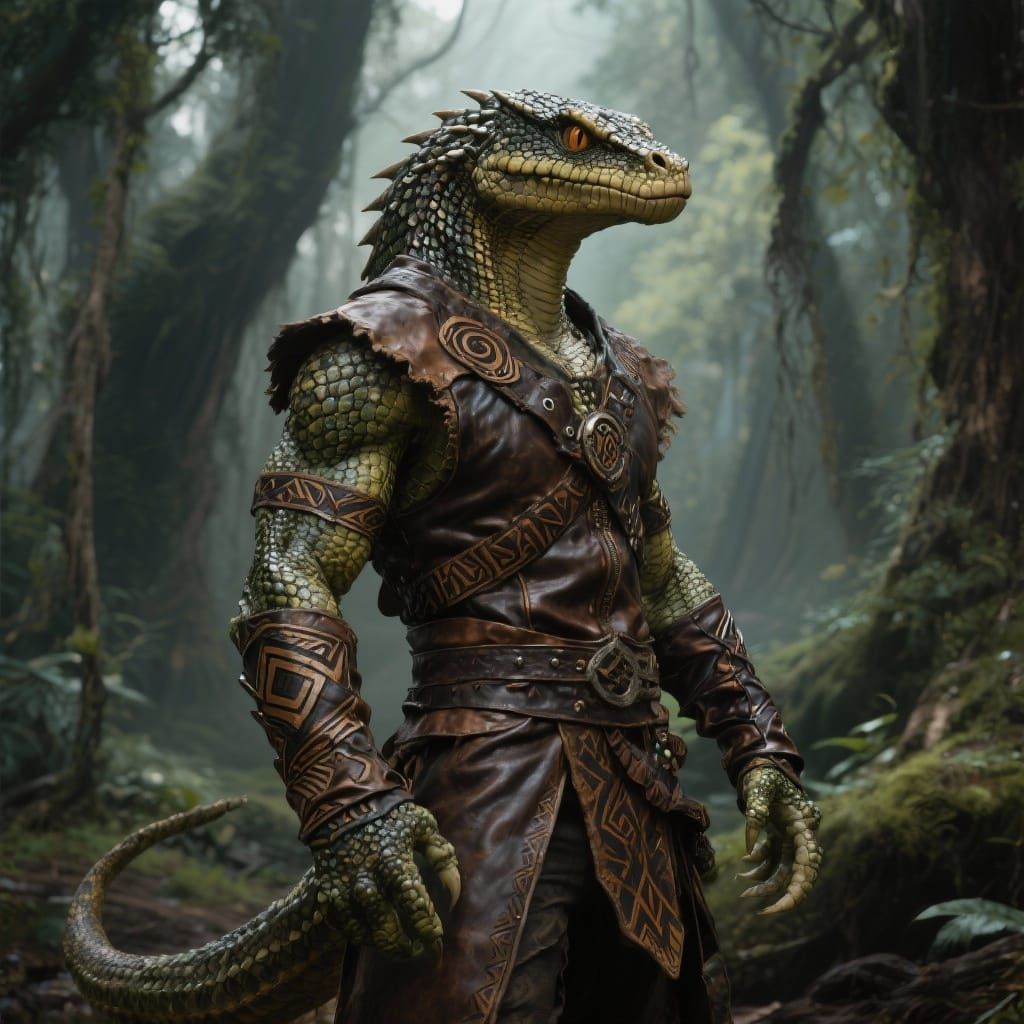 Reptilian Outfitter in Mystical Forest, Tribal Leather Attir...