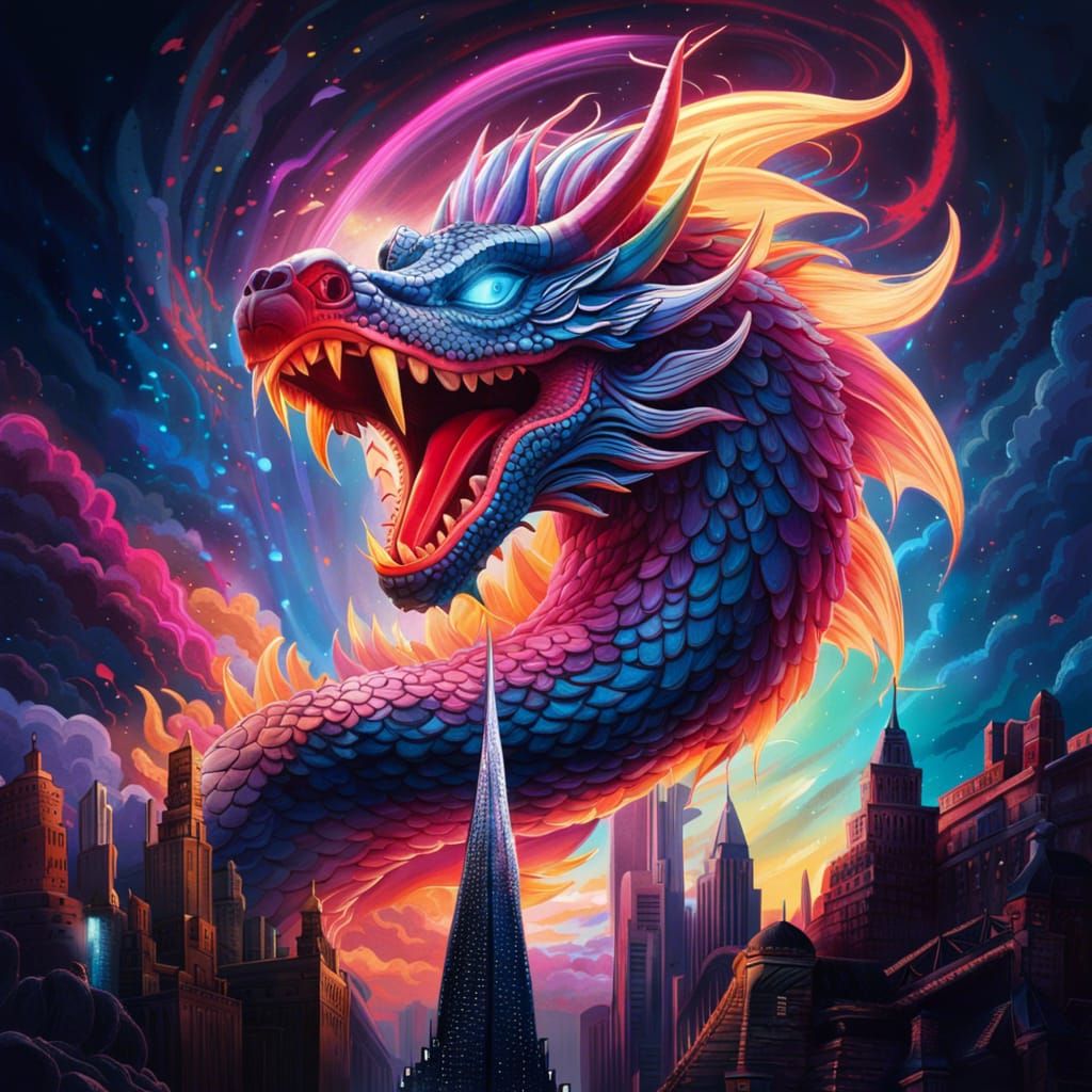Dragon Climbs Empire State Building in 80s Cosmic Art