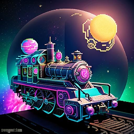 3D Pixel Art Ghost Train in Space