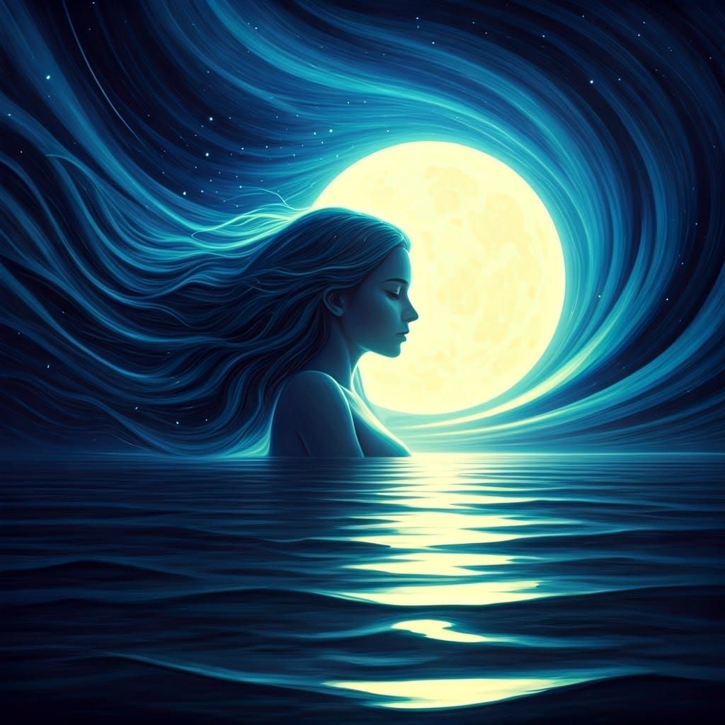 Starry Night Spirit Kissing Moon, Fantasy Art