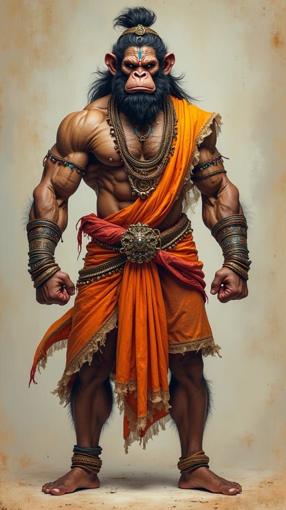 Muscular Hanuman in Traditional Indian Attire