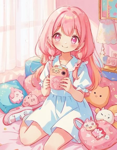 Cute Pink-Haired Anime Girl in Kawaii Style