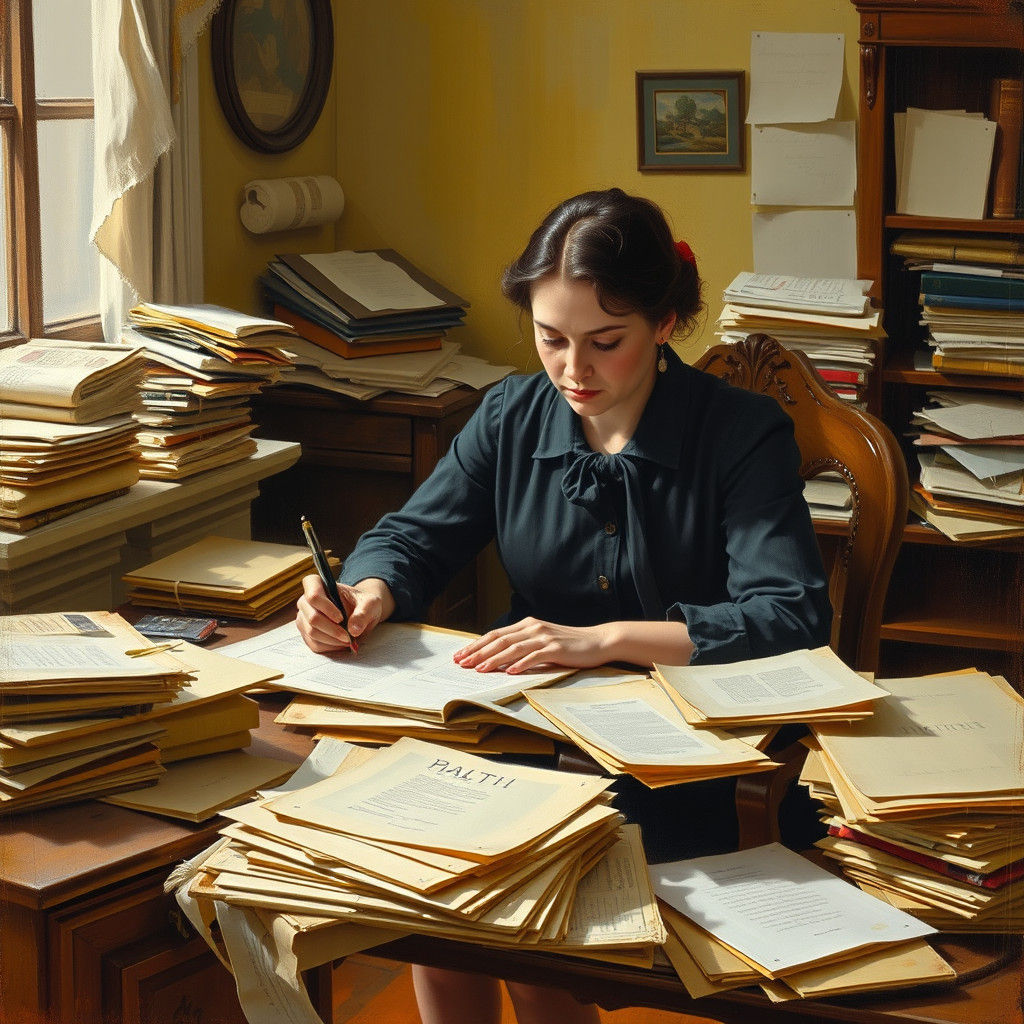 Woman Writing at Desk in Impressionist Style