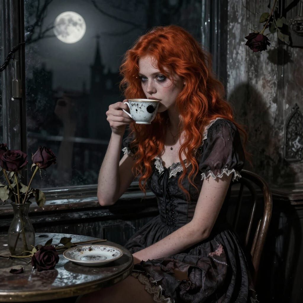 Woman in Gothic Cafe with Fiery Hair