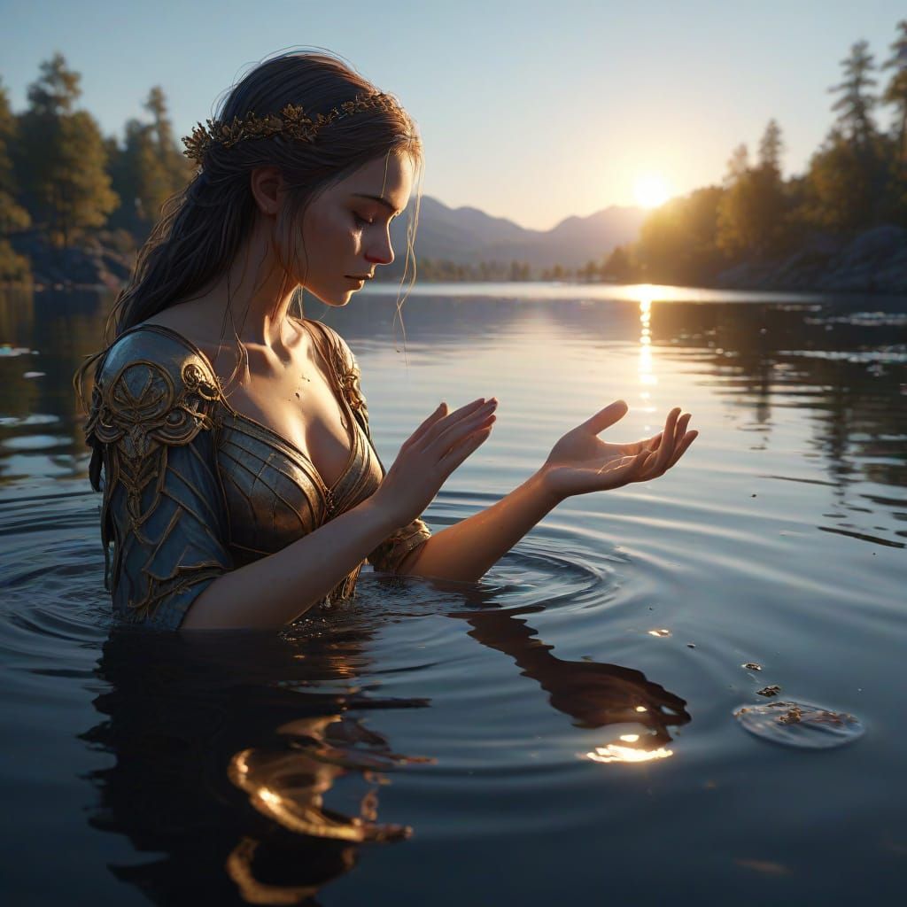 Sacerdotessa Luminosa Purifica le Acque del Lago in un'Arte ...