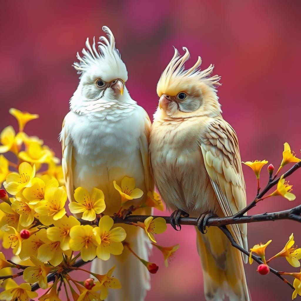Two regal birds perched on a blossoming branch, surrounded by lush flora. One bird gleams with pearlescent white feather...