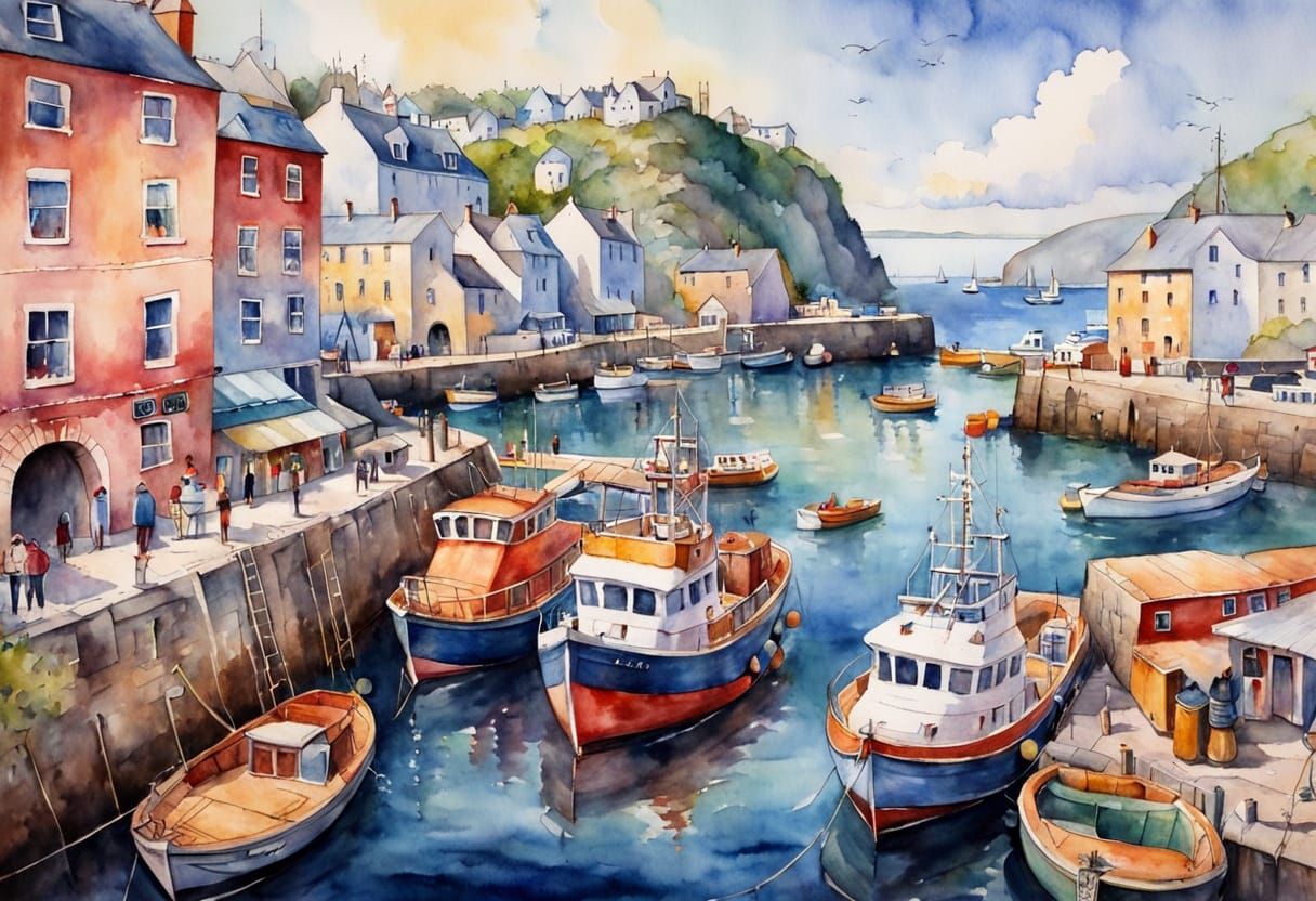 Whimsical Watercolour Painting of a Busy Harbour