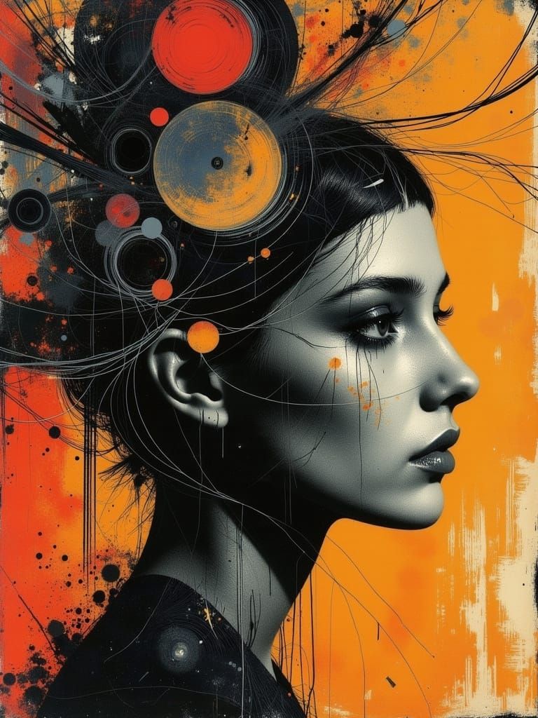 Ethereal Gothic Woman with Orange Hair in Abstract Style