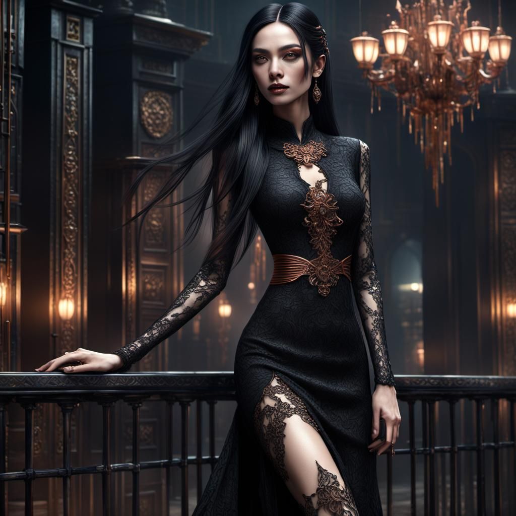 Cyberpunk Girl in Black Lace Dress, 8k