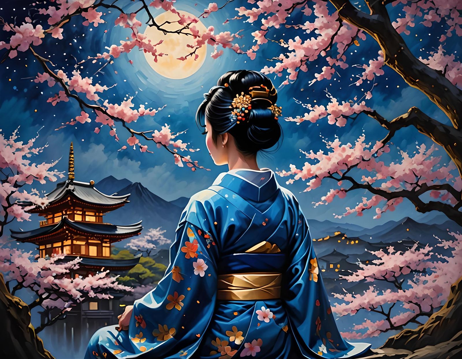 Geisha Meditating Under Sakura Tree: Impasto Oil Painting