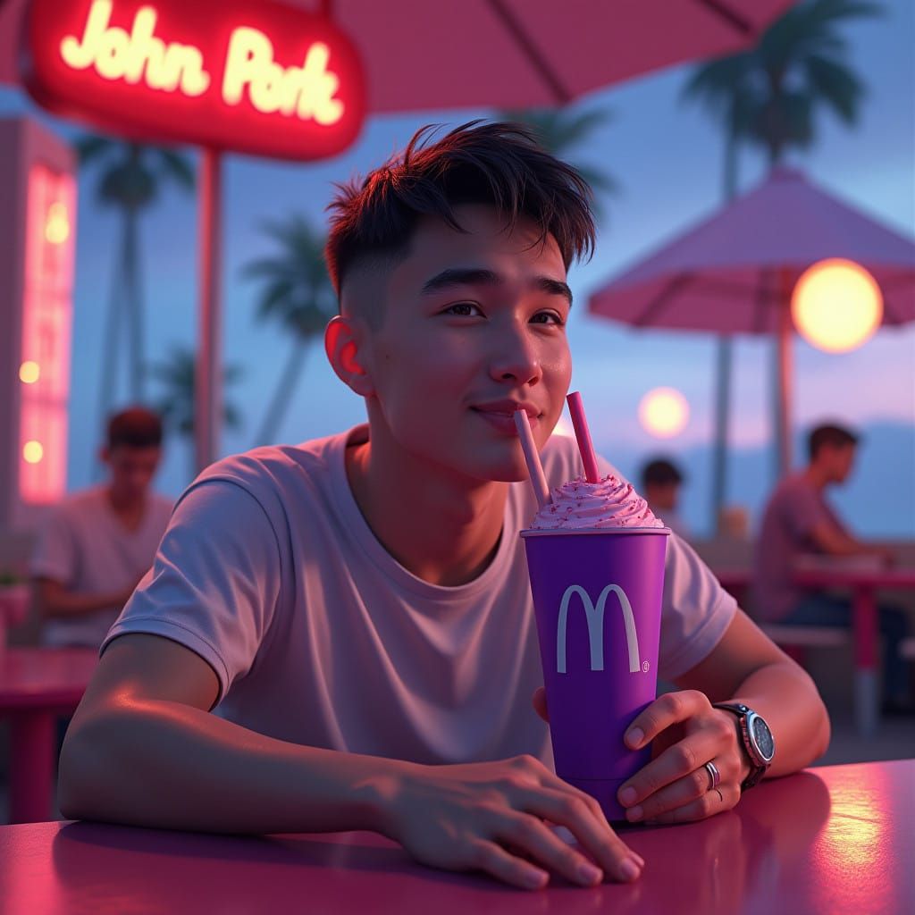 Relaxed Young Man Sips Grimace Shake in Futuristic Dreamscap...