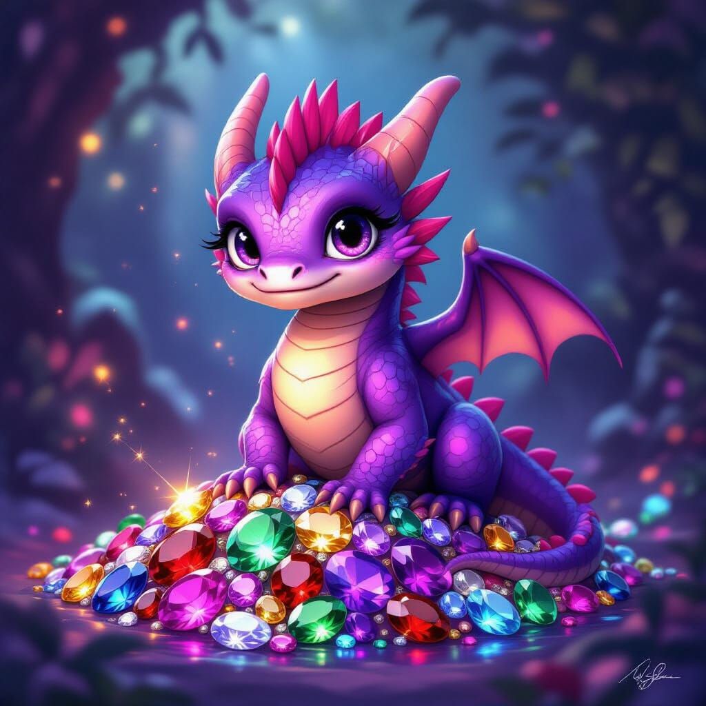 Whimsical Baby Dragon on Gem Hoard