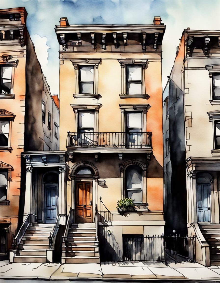 Classic Urban Brownstone in Watercolor Ink