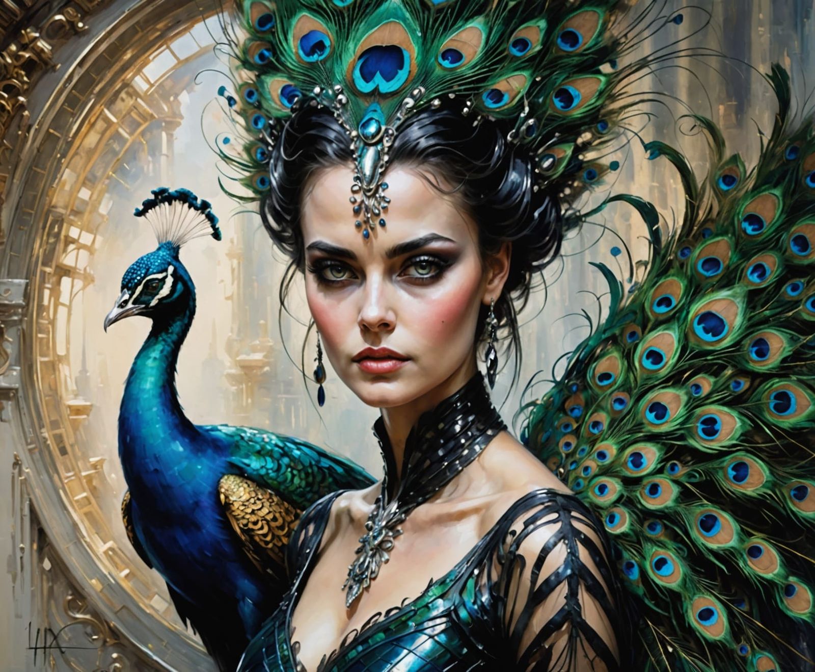 Dark Surreal Peacock Portrait in H.R. Giger Style
