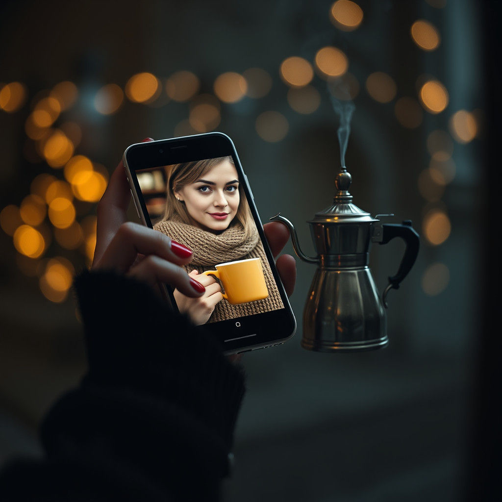 Surreal New Year Scene with Smartphone Coffee
