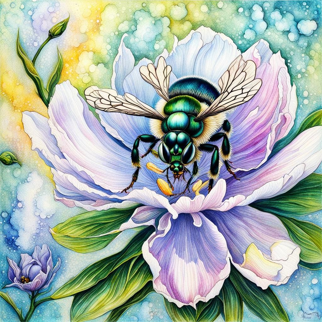 Orchid Bee on Peony Flower in Watercolor Style