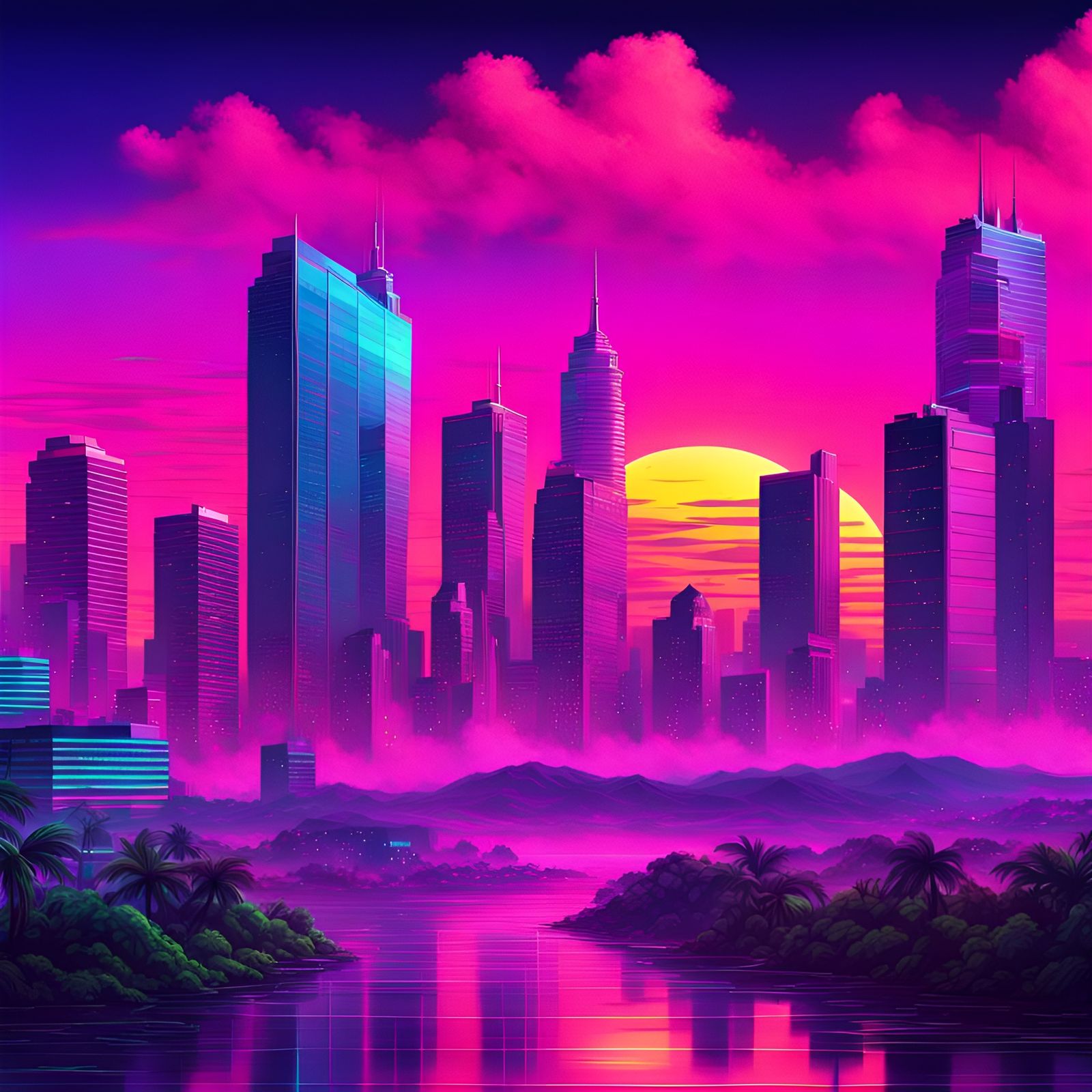 Vaporwave Cityscape in Neon Retro Style