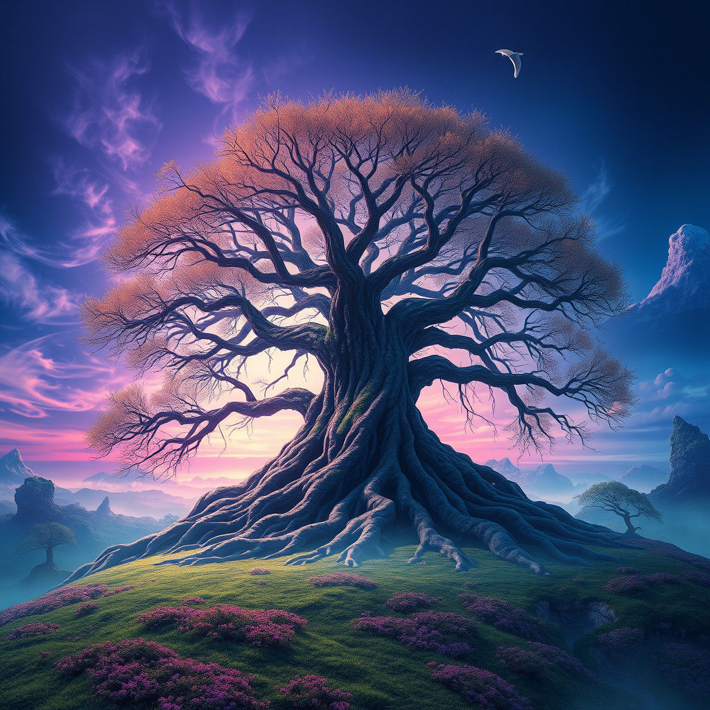 Ethereal Landscape with Ancient Tree in Digital Painting Sty...