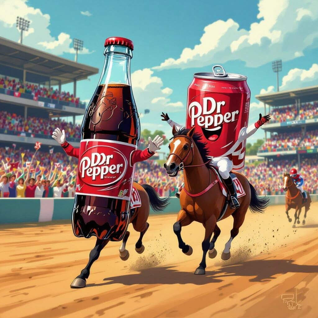 Dr. Pepper Race: Bottle vs. Can in Cartoon Style