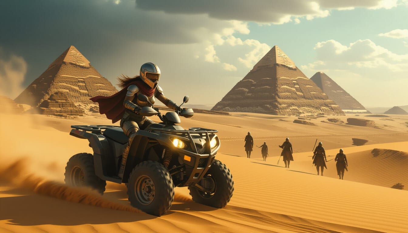 Warrior Woman on Quad in Sahara, Dark Fantasy Art