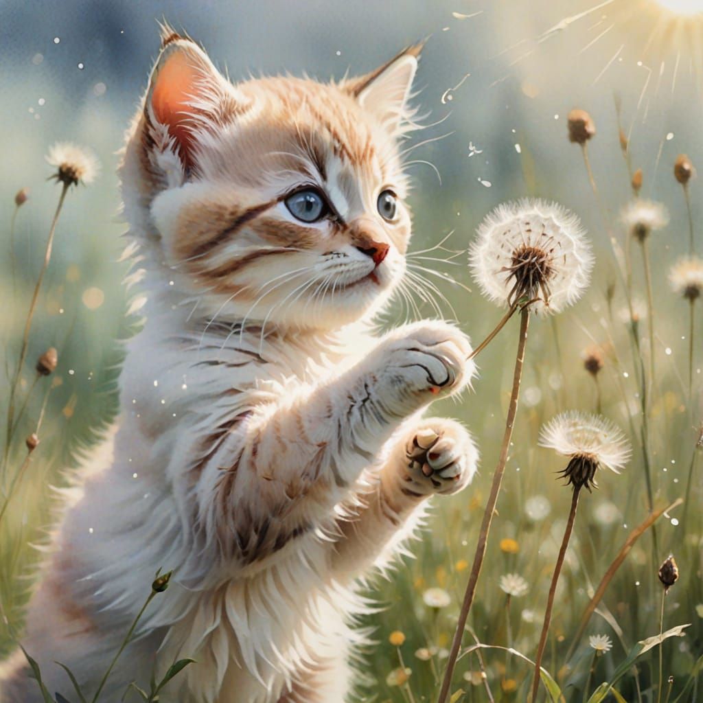 Whimsical Pastel Watercolor Kitten in Sunlit Meadow