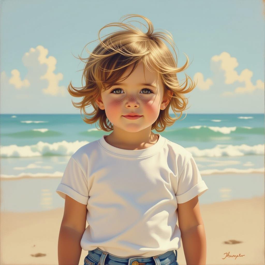 Toddler on Beach with Windblown Hair and Sea-Colored Eyes