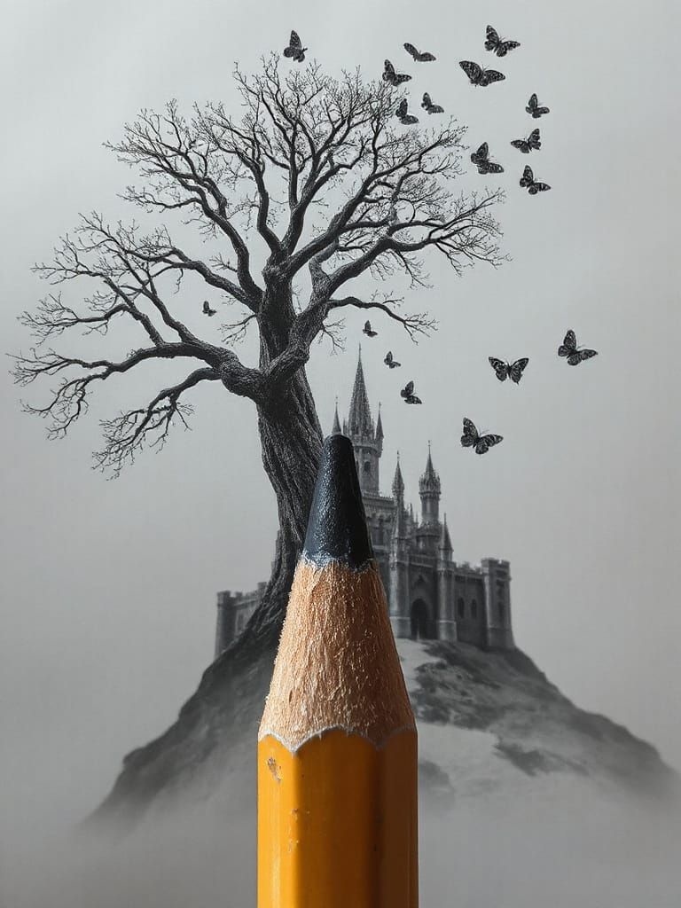 Pencil Transforms into Tree in Hyperrealistic Charcoal Drawi...
