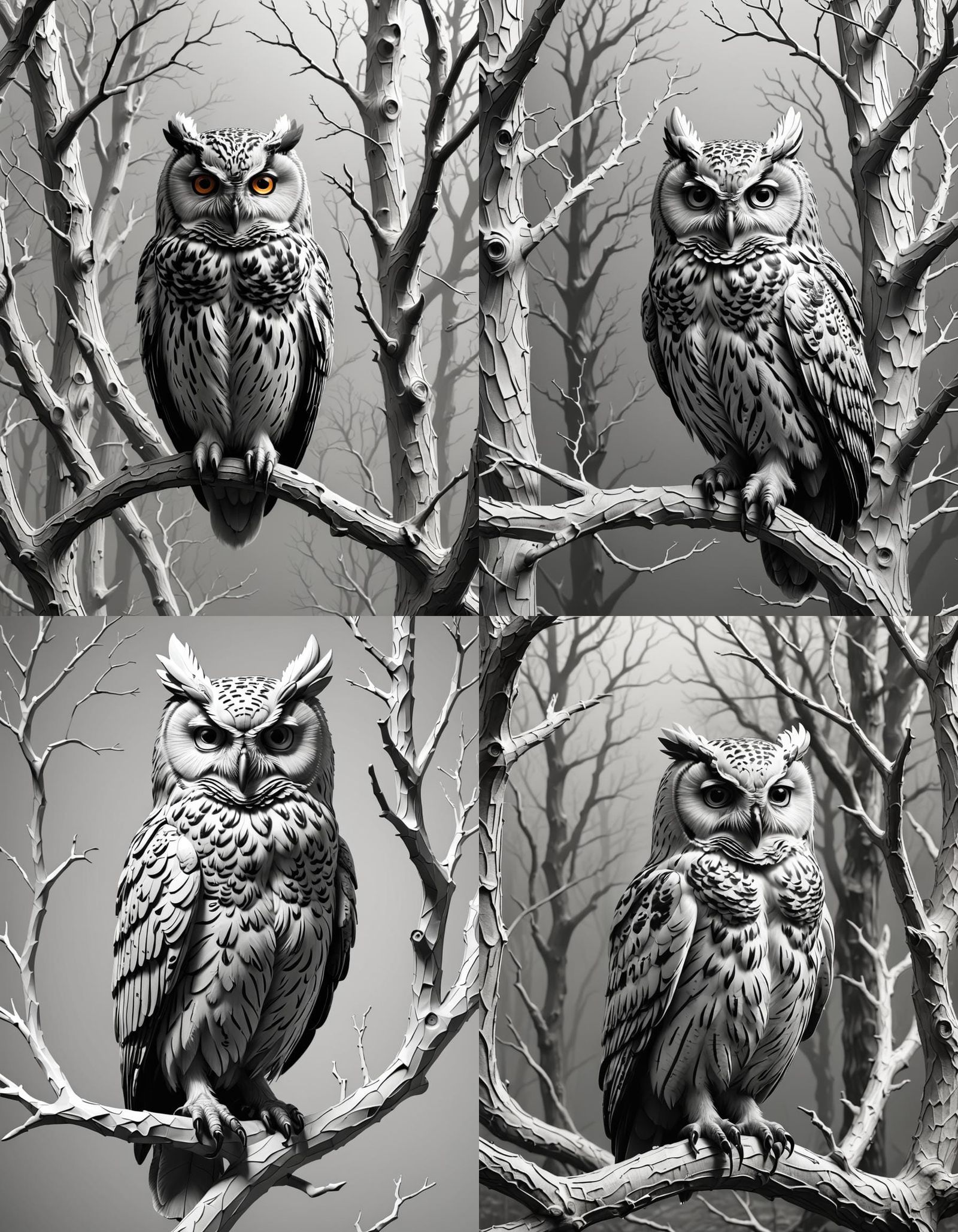 Monochrome 3D Owl Carving in Forest