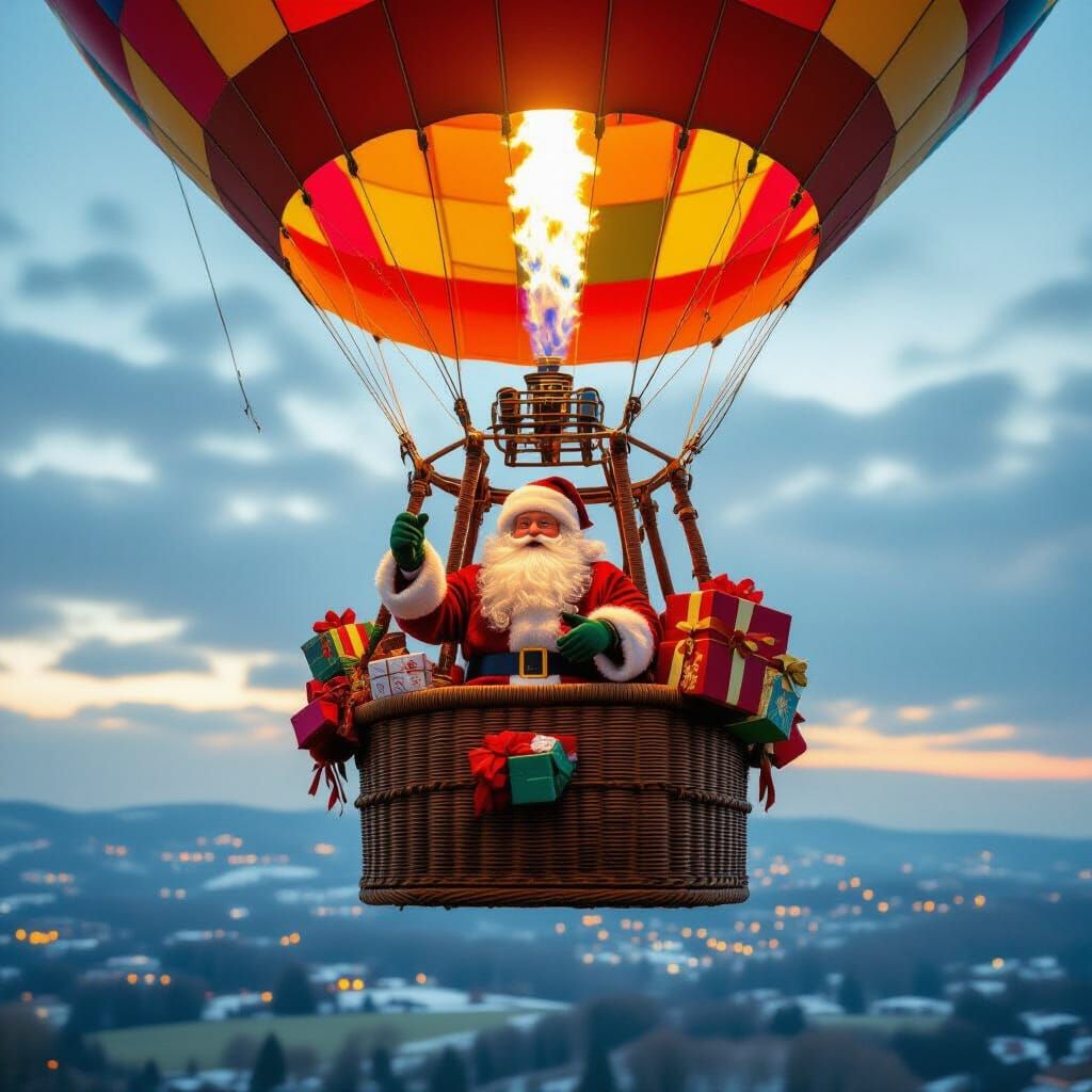 Santa Delivers Gifts From Hot Air Balloon