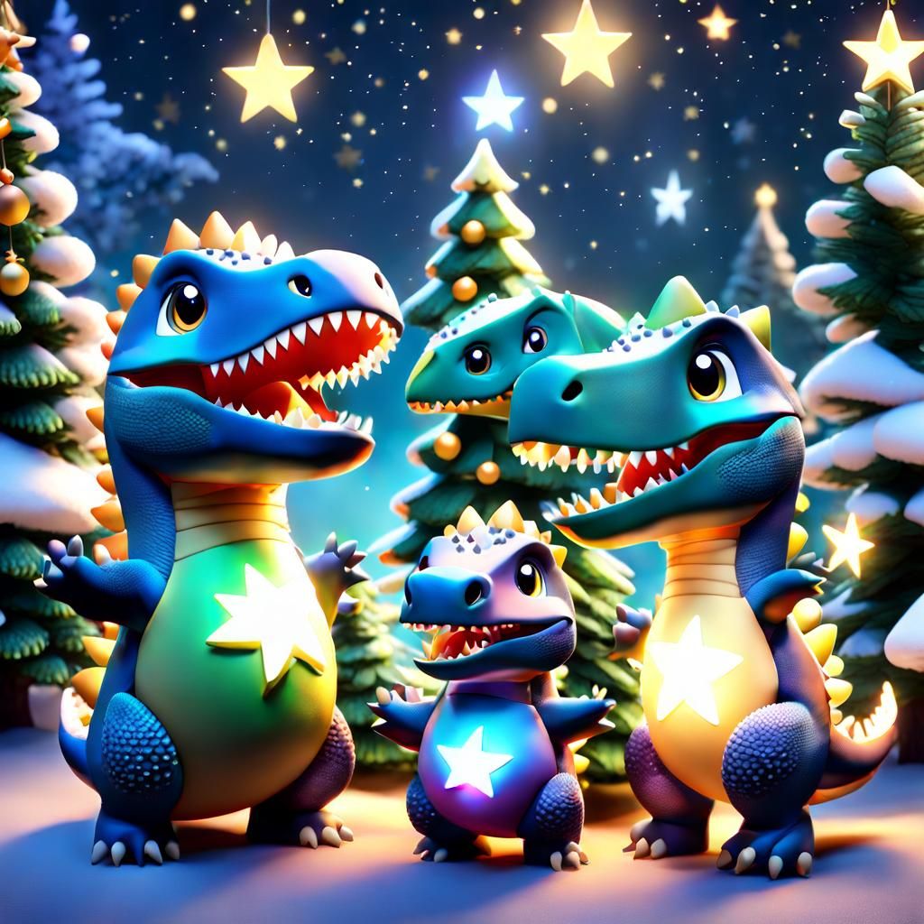 Cute Dinosaur Family Christmas Celebration in 3D