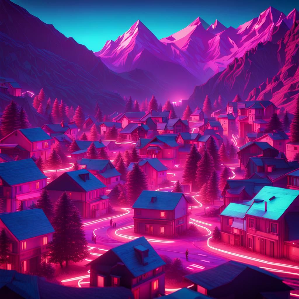 Synthwave Pyrenees Town in Retro Origami Style