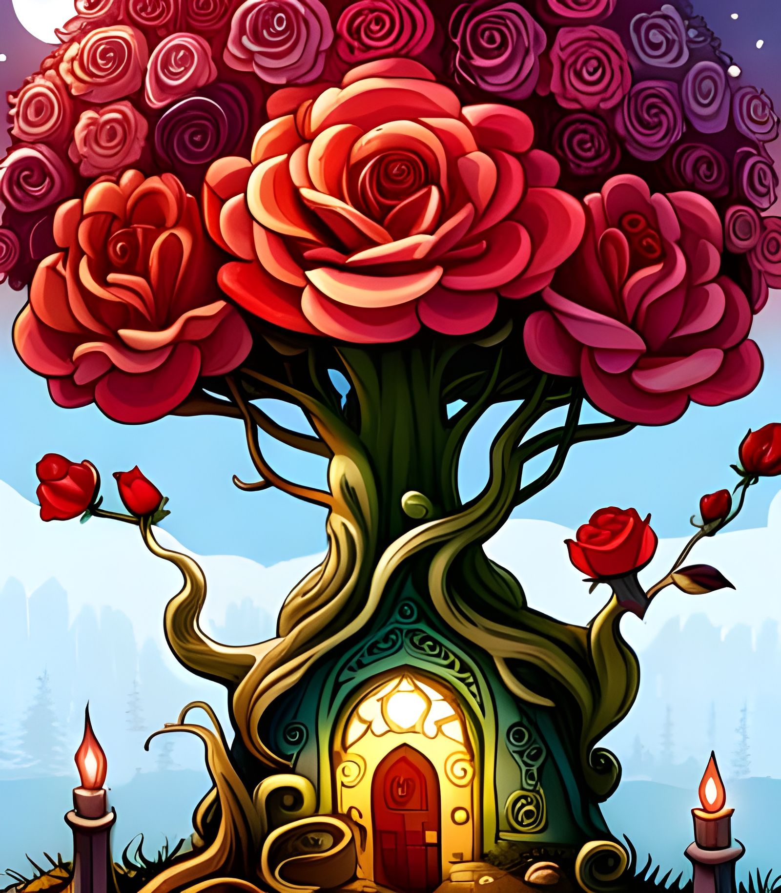 Fairytale Rose Treehouse in Digital Art Style