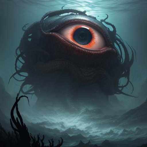 Giant Eyeball Emerges from Seaweed: Impasto Horror