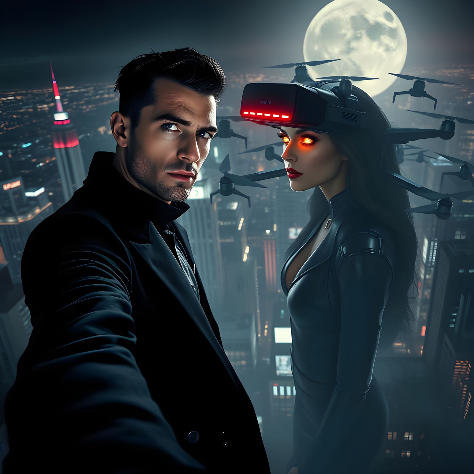 Ethereal Vampire Influencer Captured in Neon Cityscape